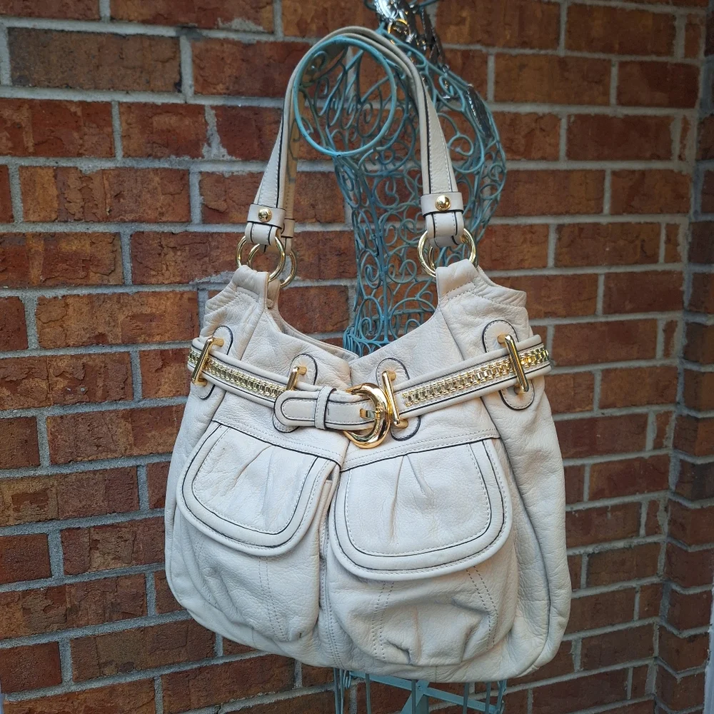 B. Makowski Soft Real Leather Women's Shoulder Bag Gold Studded Purse Y2K Beige - Picture 17 of 17